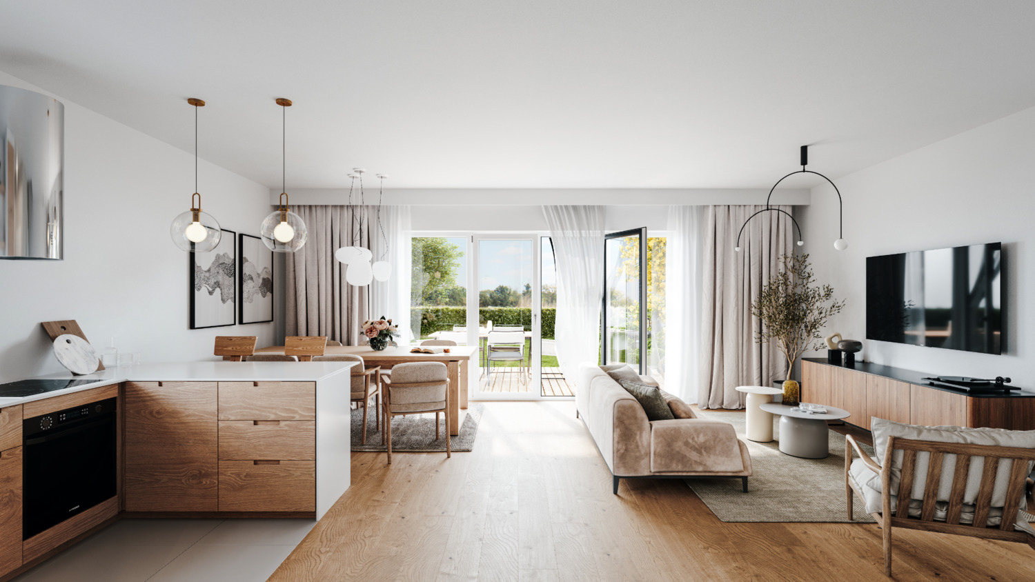 living room kitchen architectural visualization modern cozy interior desgin